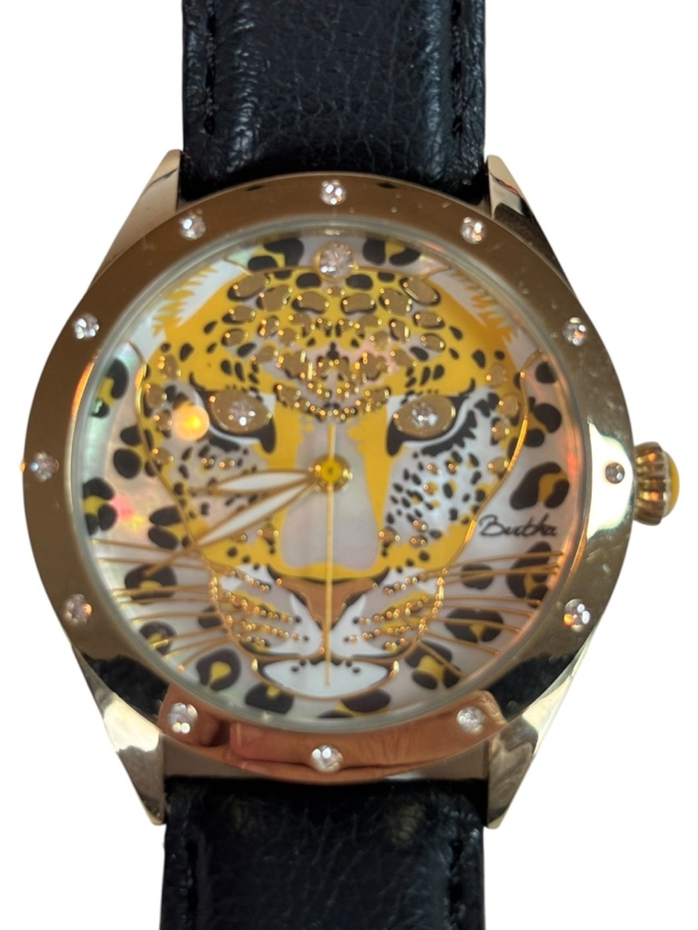 Bertha Leopard Face Watch Rhinestone Bezel Gold Tone Black Leather